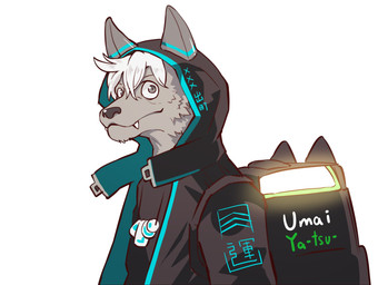 anthro backpack clothed clothing cute_fangs fangs fur grey_body grey_fur hair jewelry looking_at_viewer male necklace simple_background solo teeth vehicle white_background white_hair canid canine canis mammal character_request hi_res