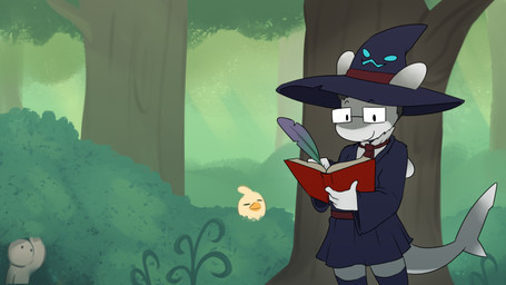 anthro black_hair book clothed clothing detailed_background eyewear glasses grass grey_body hair hat headgear headwear leggings legwear loose_feather magic_user male multicolored_body outside plant quill shrub smile solo tree wearing_glasses white_body witch witch_costume witch_hat atherol little_witch_in_the_woods vtuber ellie_blueriver pressie_(nerdshark) virgil_(lwitw) aquatic avian bird carcharhinus chicken fish galliform oceanic_whitetip_shark phasianid requiem_shark shark 16:9 digital_media_(artwork) hi_res widescreen