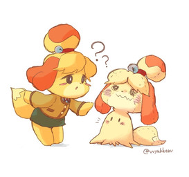 anthro blush chibi duo female open_mouth question_mark simple_background white_background vvyukkev animal_crossing nintendo pokemon isabelle_(animal_crossing) canid canine canis domestic_dog generation_7_pokemon mammal mimikyu pokemon_(species)
