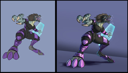 3_fingers 3_toes action_pose anthro blue_eyes bodily_fluids bodysuit brown_body brown_feathers claws clothing digitigrade energy_shield feather_hair feathered_crest feathers feet finger_claws fingers head_crest low-angle_view male open_mouth pose pseudo_hair saliva sharp_teeth simple_background skinsuit snarling solo spread_legs spreading standing teeth tight_clothing toes tongue tongue_out alorix halo_(series) microsoft xbox_game_studios alien avian kig-yar scalie t'vaoan absurd_res flat_colors hi_res model_sheet shaded