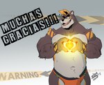 anthro blonde_hair brown_body brown_fur chest_tattoo clothing fur hair heart_symbol male markings musclegut muscular orange_clothing orange_underwear solo tattoo thong underwear warning_sign yellow_markings zipperhyena warning_yiff dan_peligroso bear mammal hi_res