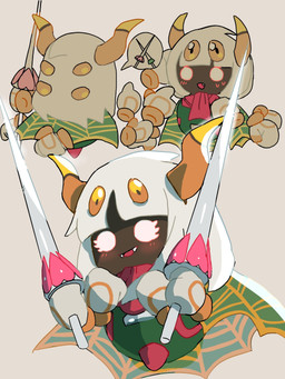 2_horns anthro armless blush blush_lines bodily_fluids brown_body brown_skin clothing cute_fangs dual_wielding duo empty_eyes fangs female floating_hands gesture gloves hair hand_gesture hands_behind_back handwear heart_symbol holding_melee_weapon holding_object holding_sword holding_weapon horn legless looking_at_viewer male melee_weapon nervous nervous_smile nervous_sweat open_mouth open_smile orange_eyes orange_horn pointing pointing_at_another rapier scarf simple_background smile solo_focus speech_bubble sweat sweatdrop sword teeth weapon white_background white_eyes white_fangs white_hair piza-gu kirby:_triple_deluxe kirby_(series) nintendo queen_sectonia_(original_form) taranza arachnid arthropod spider spidr 2025 digital_drawing_(artwork) digital_media_(artwork) hi_res japanese_description multiple_scenes