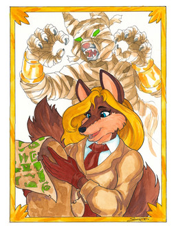 ambiguous_gender anthro armor black_nose blonde_hair blue_eyes border bracers brown_body brown_fur clothed clothed_female clothing duo female fur gloves green_eyes hair handwear mummy_wrappings open_mouth pink_nose tail white_border sandy_schreiber jennifer_sherwood canid canine fox mammal mummy undead