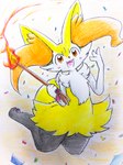 ambiguous_gender anthro blush blush_lines confetti fire fur inner_ear_fluff jumping looking_at_viewer open_mouth orange_body orange_eyes orange_fur pawpads paws simple_background solo stick tongue tuft white_body white_fur yellow_body yellow_fur eiroru nintendo pokemon braixen canid canine generation_6_pokemon mammal pokemon_(species) 2021 graphite_(artwork) hi_res traditional_media_(artwork)