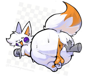 ambiguous_gender anthro anus backsack balls big_balls blush blush_stickers bodily_fluids butt disembodied_hand duo femboy fur genitals hook hook_hand looking_back male nude open_mouth simple_background spread_butt spreading sweat sweaty_butt tail white_background white_body white_fur awsumpawsome five_nights_at_freddy's five_nights_at_freddy's_world scottgames lolbit_(fnaf) canid canine fox mammal hi_res