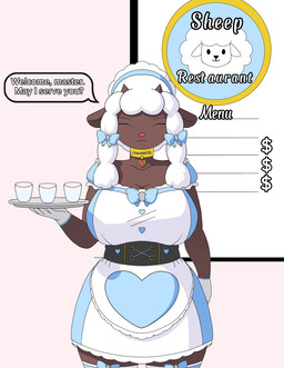 accessory anthro big_breasts bottomwear bow_accessory breasts brown_body clothing collar container corset cup eyes_closed female fur glass glass_container glass_cup gloves hair_accessory handwear heart_symbol horn lingerie looking_at_viewer maid_headdress maid_uniform mature_female menu pink_nose restaurant skirt smile solo speech_bubble text topwear tray uniform white_body white_fur wide_hips wool_(fur) wool_hair anuvisur_(artist) nintendo pokemon bovid caprine generation_8_pokemon mammal pokemon_(species) sheep wooloo absurd_res english_text hi_res mother_(lore) parent_(lore)