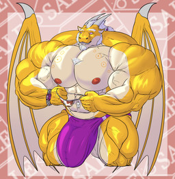 2_horns 2_penises 5_fingers abs alchemical_symbol animal_print anthro barazoku big_bulge big_muscles big_pecs big_penis bulge chest_gem clothed clothing countershade_torso countershading cow_print cow_print_lingerie diphallism facial_hair fingers front_view gem genitals hair horizontal_diphallism horizontal_diphallism_bulge horn huge_bulge huge_muscles hyper hyper_bulge hyper_muscles ineffective_clothing male male_anthro membrane_(anatomy) membranous_wings mostly_nude multi_genitalia multi_penis multicolored_clothing multicolored_thong multicolored_underwear muscular muscular_anthro muscular_male nipples non-mammal_nipples pattern_background pecs penis pink_background pupils purple_clothing purple_eyes purple_thong purple_underwear simple_background solo star_pupils symbol teeth text thong thong_only three-quarter_view topless topless_anthro topless_male underwear underwear_only unusual_pupils vein veiny_muscles white_facial_hair white_gem white_hair white_horn wings yellow_body yellow_wings grandtaurus european_mythology mythology solomon_astra_(character) dragon mythological_creature mythological_scalie scalie sun_dragon western_dragon absurd_res english_text hi_res