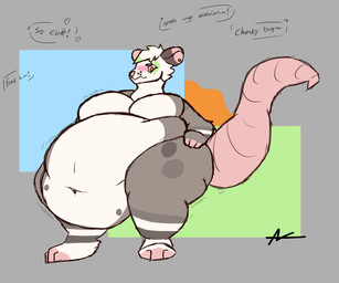 anthro belly_overhang big_butt big_moobs blush butt chubby_cheeks feeding huge_thighs male moobs navel obese orange_eyes overweight pink_tail praise solo tail text thick_tail thick_thighs weight_gain auxiefox american_opossum mammal marsupial 6:5 absurd_res hi_res