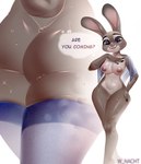 anthro areola asking asking_viewer barely_visible_genitalia barely_visible_pussy belly big_breasts blue_eyes bodily_fluids breasts buckteeth butt clothing dialogue female genitals hand_on_chest hand_on_hip legs_together legwear looking_at_viewer navel nipples nude pink_nose pussy question smile solo speech_bubble standing sweat sweaty_belly sweaty_body sweaty_breasts sweaty_butt sweaty_hips sweaty_legs sweaty_shoulders sweaty_thighs talking_to_viewer teeth text thigh_highs towel water wet wide_hips yes-no_question winter_nacht disney zootopia judy_hopps lagomorph leporid mammal rabbit 2022 absurd_res artist_name english_text hi_res