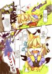 anthro black_body black_fur blonde_hair canid canine canis clothed clothing comic dress english_text female food fox fruit fur grape grey_body grey_fur hair hi_res japanese_text kemono male mammal open_mouth plant shirokoma speech_bubble text tree white_body white_fur wolf yellow_body yellow_fur