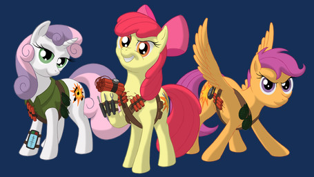 clothing dynamite explosives feathered_wings feathers female feral green_eyes grenade group hair horn multicolored_hair purple_eyes purple_hair red_hair shirt tools topwear two_tone_hair weapon wings nebulastar985 friendship_is_magic hasbro my_little_pony mythology apple_bloom_(mlp) cutie_mark_crusaders_(mlp) scootaloo_(mlp) sweetie_belle_(mlp) earth_pony equid equine horse mammal mythological_creature mythological_equine pegasus pony unicorn 16:9 2015 alpha_channel hi_res widescreen