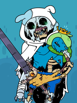bone bottomwear clothed clothing duo gore headgear male melee_weapon micro not_furry open_mouth shirt sword teeth toony topwear weapon discount-supervillain adventure_time cartoon_network finn_the_human jake_the_dog the_lich_(adventure_time) canid canine canis domestic_dog humanoid lich mammal undead 3:4 digital_media_(artwork)