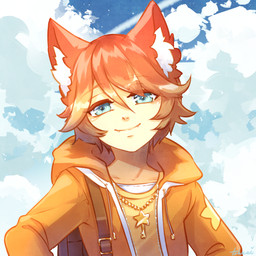 backpack blue_eyes clothing cloud hair looking_at_viewer orange_hair smile solo sweater topwear tshuki animal_humanoid canid canid_humanoid canine canine_humanoid canis dog_humanoid humanoid mammal mammal_humanoid 1:1 absurd_res hi_res