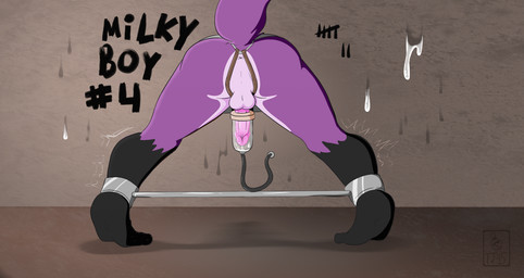 anthro bodily_fluids cum forced forced_orgasm fur genital_fluids male orgasm penile penis_milking penis_pump purple_body purple_fur raised_tail restraints solo spreader_bar tail through_wall visible_anus tj-45 tojo canid canine mammal maned_wolf