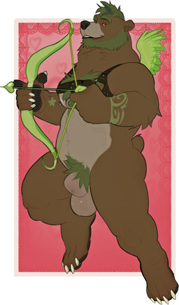 animal_genitalia anthro balls beard bow_(weapon) brown_body brown_fur chest_tuft countershade_balls countershade_genitalia countershade_snout countershade_torso countershading facial_hair floating fully_sheathed fur genitals green_hair hair harness holidays looking_at_viewer male male_anthro nipple_piercing nipple_ring nipples nude nude_anthro nude_male overweight overweight_anthro overweight_male piercing pubes ranged_weapon ring_piercing sheath snout solo tail tuft weapon wings likanen valentine's_day cupid bear mammal 2023 absurd_res hi_res
