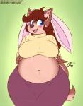 anthro belly big_belly big_breasts blue_eyes blush bottomwear breasts brown_body brown_fur brown_hair canid canine canis clothing cropped_sweater deep_navel digital_media_(artwork) domestic_dog fake_ears fake_rabbit_ears fangs female fupa fur hair mammal mary_blissany midriff navel nekocrispy overweight overweight_anthro overweight_female skirt smile solo sweater teeth topwear wide_hips