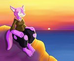 anthro biped black_clothing breasts claws clothing detailed_background female green_clothing hair hoodie multicolored_body multicolored_ears multicolored_scales notched_ear paws pink_body pink_ears pink_eyes pink_hair pink_scales pink_tail scales solo sunset tail thick_thighs topwear torn_clothing two_tone_body two_tone_ears two_tone_scales white_body white_claws white_ears white_scales wide_hips impishhyena kobold scalie hi_res