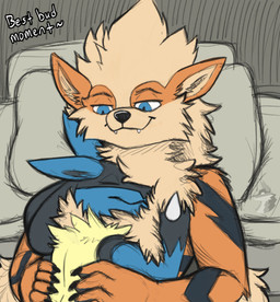 ambiguous_gender anthro bed cuddling duo fluffy fluffy_chest fur furniture hair hug hugging_another lying lying_on_another lying_on_bed lying_on_chest mane mane_hair neck_floof neck_tuft nuzzling on_bed pillow tuft arkailart nintendo pokemon arcanine canid canine generation_1_pokemon generation_4_pokemon lucario mammal pokemon_(species) absurd_res hi_res
