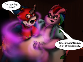 anthro armor belly blue_body dialogue duo magic male male/male obese overweight red_mask shocked spell surprised text touching_belly weight_gain white_belly white_body wide_eyed swsu-master bandai_namco digimon mythology digimon_(species) dragon flamedramon gomamon mythological_creature mythological_scalie scalie english_text