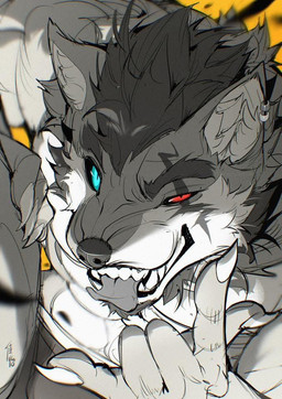 5_fingers anthro beard black_sclera blue_eyes claws clothed clothing crouching devil_horns_(gesture) ear_piercing ear_ring eye_markings eyebrows facial_hair fangs finger_claws fingers front_view gesture hair hand_gesture hand_on_leg hand_on_own_leg hand_on_own_thigh hand_on_thigh heterochromia ily_sign inner_ear_fluff looking_at_viewer male markings muscular muscular_anthro muscular_male piercing pupils red_eyes ring_piercing ringed_iris simple_background slit_pupils solo teeth thick_eyebrows tongue tongue_out tuft underwear underwear_only yellow_background chiayeeee canid canine canis mammal wolf 2025 digital_drawing_(artwork) digital_media_(artwork) half-length_portrait portrait signature