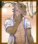 anthro athletic athletic_anthro athletic_male brown_body brown_skin claws clothed clothing looking_at_viewer male manly partially_clothed shirt simple_background solo standing teeth topwear yellow_eyes leonelatwerk crocodile crocodilian nile_crocodile reptile scalie 2017 digital_media_(artwork)