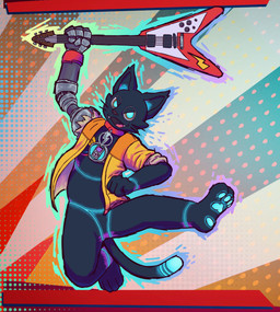 ambiguous_gender anthro black_body clothed clothing collar electric_guitar fangs featureless_crotch glowing glowing_eyes glowing_markings glowing_pawpads glowing_tail guitar holding_object jacket jumping looking_at_viewer machine markings midair musical_instrument open_mouth pawpads paws plucked_string_instrument robotic_arm simple_background smile smiling_at_viewer solo string_instrument tail teeth tongue topwear torn_clothing torn_topwear whiskers ray_karr hi-fi_rush microsoft tango_gameworks 808_(hi-fi_rush) chai_(hi-fi_rush) domestic_cat felid feline felis hybrid mammal robot 2024 absurd_res digital_media_(artwork) hi_res