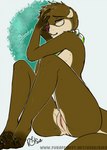 andromorph anthro blush brown_body brown_fur butt eyewear fur genitals glasses hair intersex kerchief kerchief_only looking_at_viewer mostly_nude narrowed_eyes neckerchief neckerchief_only neckwear pose pussy simple_background sitting solo tail rika_(artist) mammal mustelid otter 2018 colored pinup