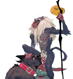 armpit_hair balls big_balls body_hair chest_hair collar fur genitals group hairy_balls male male/male nipple_piercing nipples oral oral_penetration penetration piercing pubes sex simple_background staff trio white_background concosive disney the_lion_king rafiki haplorhine mammal monkey primate hi_res