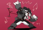 ambiguous_gender anthro armband black_body black_fur collar electronics fur grey_body grey_fur microphone open_mouth purple_background sharp_teeth simple_background singing solo spiked_armband spiked_collar spikes teeth tongue tongue_out white_body white_fur hikazedragon nintendo pokemon generation_8_pokemon obstagoon pokemon_(species) hi_res