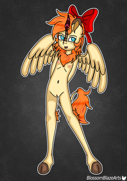 accessory anthro blue_eyes bow_ribbon female flat_chested freckled_face freckles genitals hair hair_accessory hair_bow hair_ribbon hands_behind_back horn long_tail looking_at_viewer nipples open_mouth pose pubes red_hair ribbons scales short_hair solo spread_legs spread_wings spreading standing tail vulva wings young blossomblaze hasbro my_little_pony blossomblaze_(character) fan_character kirin_(mlp) mammal absurd_res hi_res