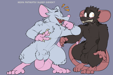 5_fingers 5_toes animal_genitalia anthro balls big_balls biped blush bodily_fluids brown_body brown_fur buckteeth claws dialogue duo elbowing embarrassed eyes_closed feet fingers fur genitals grey_body grey_fur iconography male male/male male_anthro paws purple_body rat_tail sheath standing sweat tail teeth text toes whiskers white_whiskers alexclimax mammal murid murine rat rodent digital_media_(artwork) english_text