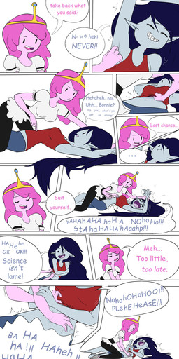 black_hair candy crown dessert duo female female/female food food_hair grey_body grey_skin hair headgear humanoid_pointy_ears laugh midriff navel not_furry pink_body pink_hair pink_skin pinned pointy_ears pseudo_hair romantic romantic_couple text tickling tickling_armpits hugglefish adventure_time cartoon_network marceline_abadeer princess_bubblegum candy_humanoid candy_people_(at) food_creature food_humanoid humanoid living_candy vampire 2017 absurd_res comic english_text hi_res