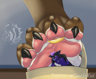 4_toes anthro black_claws blue_eyes brown_body brown_fur cheek_tuft claws clothing collar cosmic_hair digit_ring duo ethereal_hair extreme_size_difference eyebrows facial_tuft feet femboy footwear fur fur_markings hair hindpaw inside_clothing inside_shoe jewelry leash macro male male/male markings micro multicolored_body multicolored_fur pawpads paws plantigrade purple_body purple_fur purple_hair ring sandals shoes shrunk simple_background size_difference soles tied_to_foot tied_to_toe_ring toe_ring toes trapped_in_clothing trapped_in_shoe tuft two_tone_body two_tone_fur white_body white_fur worship wrinkled_feet wrinkles castle027 kitsunaki zhiris canid canine canis fox jackal mammal 2025 hi_res shaded