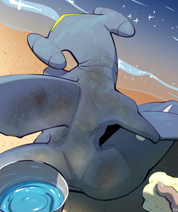 ambiguous_gender beach biped bucket butt container detailed_background dirty duo female feral grey_body grey_skin holding_object nude outside sand scratches sitting sponge water fizzpop nintendo pokemon garchomp generation_4_pokemon human mammal pokemon_(species) 2025 hi_res signature