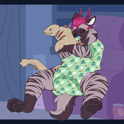 4_toes ambiguous_gender anthro black_sclera blue_pacifier blush blush_lines bodily_fluids brown_body brown_ears brown_fur brown_nose brown_pawpads brown_stripes brown_tail bubble button_(fastener) chair character_plushie chip_bag claws clean_diaper clothed clothing curly_hair diaper diaper_peekage diaper_under_clothing diaper_under_onesie door drooling feet floor folded_diaper fur furniture gloves_(marking) green_onesie hair head_horn holding_object holding_plushie horn inside leg_markings markings object_in_mouth on_chair one_eye_closed onesie pacifier pacifier_in_mouth pawpads pink_claws pink_diaper pink_hair pink_horn pink_toe_claws plushie saliva sitting sitting_on_chair snapsuit socks_(marking) solo striped_body striped_fur stripes tail tan_inner_ear three-quarter_view toe_claws toes wall_(structure) wearing_diaper window wood wood_door wood_floor bubblepuppers mythology bri_(kalash) kamata-kun canid canid_demon canine demon hellhound hyena mammal mythological_canine mythological_creature 1:1 full-length_portrait hi_res letterbox portrait trans_(lore) trans_woman_(lore)