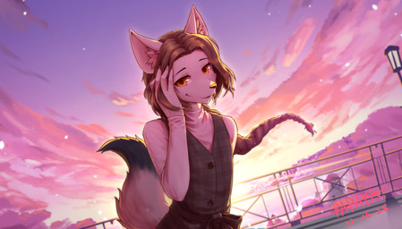 anthro black_body black_fur blue_sky brown_hair clothed clothing cloud dipstick_tail female flat_chested front_view fur glistening glistening_eyes grey_clothing grey_topwear grey_vest hair looking_at_viewer markings orange_eyes orange_sky outside sky smile solo standing street_lamp sunset tail tail_markings topwear vest water white_body white_clothing white_fur white_topwear papayafurry canid mammal 2022 dated half-length_portrait hi_res portrait signature