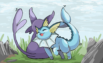 2014 ambiguous_gender cloud digital_media_(artwork) digital_painting_(artwork) duo eeveelution espeon eyes_closed grass level5pencil nintendo open_mouth open_smile pokémon pokémon_(species) rock sitting sky smile vaporeon video_games