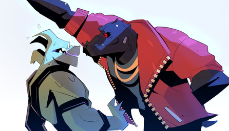 anthro black_body black_scales clothed clothing duo eye_contact green_body green_scales jacket jewelry looking_at_another male necklace red_eyes scales simple_background topwear white_background galanartworks epic_games fortnite mythology hybrid_(fortnite) thunder_(fortnite) dragon komodo_dragon lizard monitor_lizard mythological_creature mythological_scalie reptile scalie hi_res