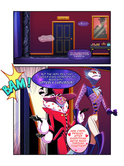 4_eyes anthro book clothed clothing column dialogue door duo feathers furniture heart_symbol male multi_eye red_eyes speech_bubble table text midiroo hazbin_hotel hellaverse helluva_boss octavia_(helluva_boss) stella_(helluva_boss) stolas_(helluva_boss) valentino_(hazbin_hotel) avian bird demon owl 3:4 absurd_res comic english_text hi_res