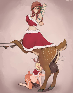 accessory animal_ears animal_genitalia animal_penis animal_vulva antlers anus areola arm_tattoo balls big_balls big_breasts big_penis bite biting_lip biting_own_lip bodily_fluids bottomless braided_hair breast_grab breasts breeding_mount brown_body brown_fur butt chest_tattoo clothed clothing costume countershade_butt countershade_legs countershade_tail countershade_thighs countershade_torso countershading crop_top cum cum_drip cum_inside deep_throat dripping duo ejaculating_while_penetrating ejaculation equine_anus equine_genitalia equine_penis equine_vulva erection fur genital_fluids genitals gynomorph gynomorph/herm hair hair_accessory hair_tie hand_on_another's_balls hand_on_breast herm holding_balls hooves horn huge_balls huge_breasts huge_penis humping intersex intersex/intersex leaking_precum light_body light_skin long_hair looking_at_another looking_at_partner looking_down looking_down_at_partner looking_pleasured markings medial_ring medium_breasts midriff mistletoe mistletoe_on_penis nipples oral oral_penetration orgasm partially_clothed penetration penis plant precum precum_on_ground red_bow red_eyes red_hair santa_costume self_bite shirt spots spotted_body spotted_fur sweat sweatdrop tail tan_body tan_fur tattoo topwear unguligrade vaginal_fluids vulva seraziel european_mythology greek_mythology mythology audrey_divalia centaur deer equid equid_taur humanoid_taur mammal mammal_taur new_world_deer satyr taur white-tailed_deer 2025 hi_res signature