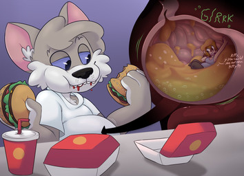 after_vore anthro belly blue_sclera burger clothing duo female female_prey food fur grey_body grey_fur male male_pred micro overweight shirt text topwear vore white_clothing white_shirt white_topwear denaturedalbumin domestic_cat felid feline felis human mammal 2021