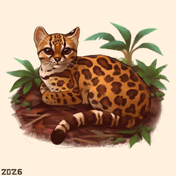 brown_eyes brown_spots brown_stripes brown_tail_tip dipstick_tail feral fur leopard_spots loaf markings mud orange_body orange_fur pink_nose plant short_fur simple_background solo spots stick striped_markings striped_tail stripes tail tail_markings whisker_spots whiskers white_background white_chest alexpahomov felid feline leopardus mammal margay 1:1 2026 digital_media_(artwork) digital_painting_(artwork) painting_(artwork)
