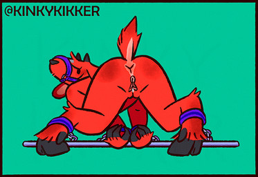 anthro anus bdsm butt female fur genitals green_background hooves looking_back muffled muzzle_(object) muzzled nude_anthro presenting presenting_hindquarters rear_view red_body red_fur restrained_arms short_tail simple_background solo tail tied_to_pole vulva kinkykikker bovid caprine goat mammal 2025