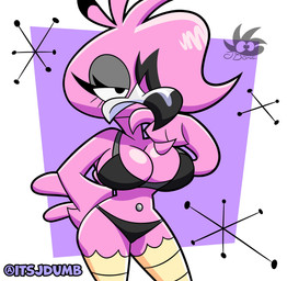 anthro beak beverage big_breasts bottomwear bra breasts cleavage clothed clothing eyelashes eyeshadow female grey_eyeshadow hair hair_over_eye makeup navel navel_piercing non-mammal_breasts non-mammal_navel panties piercing pink_body pink_hair pink_tail simple_background small_waist solo tail text topwear underwear underwear_only wide_hips jdone flamma avian bird flamingo 2026 digital_media_(artwork) english_text hi_res