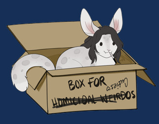 ambiguous_gender box cardboard cardboard_box container fangs fluffy fluffy_tail hair heart_symbol long_ears long_hair long_tail marker solo spots tail teeth text toony writing_utensil brinstar emiko_(bludii) felid lagomorph leporid mammal pantherine rabbit snow_leopard vampire 2022 alpha_channel digital_media_(artwork) english_text hi_res