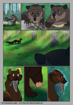 blush blush_lines dead_animal embarrassed feral grass missing_arm plant surprised teeth teeth_showing text tree wood bitterstrawberries echo_(bitterstrawberries) husq_(bitterstrawberries) kobalt_(bitterstrawberries) avian beaver bird chickadee mammal oscine passerine rodent tit_(bird) comic english_text hi_res