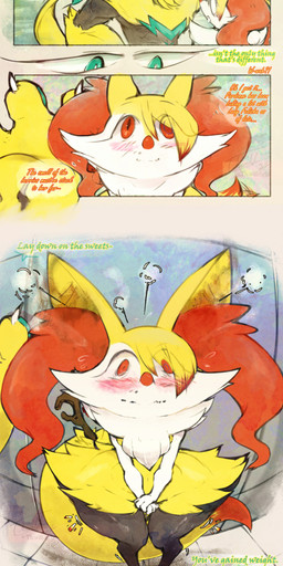 anthro bangs black_body black_fur blush cheek_tuft claws dialogue digitigrade dipstick_tail duo facial_tuft female finger_claws floor flustered fur green_body green_eyes green_fur inner_ear_fluff larger_male looking_at_another male markings red_body red_eyes red_fur red_nose size_difference smaller_female sniffing speech_bubble stick tail tail_markings text thick_thighs tile tile_floor tile_wall tuft wall_(structure) white_body white_fur wide_hips yellow_body yellow_fur thwillartz nintendo pokemon pardonne yanuna braixen canid canine felid feline fox generation_6_pokemon generation_7_pokemon legendary_pokemon mammal pokemon_(species) zeraora absurd_res comic english_text hi_res