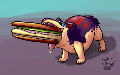 blue_eyes bodily_fluids countershading drooling eating feral fire food male markings mottled mottled_body paws purple_body quadruped red_markings saliva sandwich_(food) tan_body gyrotech leafysnivy nintendo pokemon blitz_(gyro) fan_character generation_2_pokemon pokemon_(species) quilava