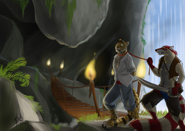 anthro barefoot blue_bottomwear blue_clothing blue_eyes blue_pants bottomwear bridge brown_clothing brown_hair brown_topwear brown_vest clothed clothing duo facial_spots feet fur green_eyes hair hands_behind_back holding_melee_weapon holding_object holding_sword holding_weapon jewelry male male_anthro markings melee_weapon necklace pants red_body red_fur rope_around_neck slim_anthro slim_male spots spotted_face spotted_legs spotted_markings spotted_tail standing striped_markings striped_tail stripes sword tail tail_markings tan_body tan_fur topwear vest waterfall weapon white_body white_clothing white_fur white_topwear yellow_body yellow_fur hufnaar cheetah felid feline mammal species_request 2014 absurd_res dated hi_res