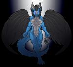 anthro breasts feathered_wings feathers featureless_breasts featureless_crotch female glowing glowing_eyes horn muscular muscular_anthro muscular_female non-mammal_breasts nude smile solo tail wings kurtassclear mythology dragon mythological_creature mythological_scalie reptile scalie